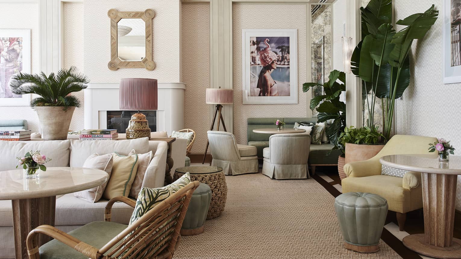 A casual dining area with many cushioned chairs and sofas.