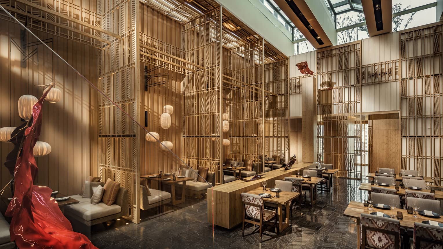 Kioku seating area with natural light from the skylights