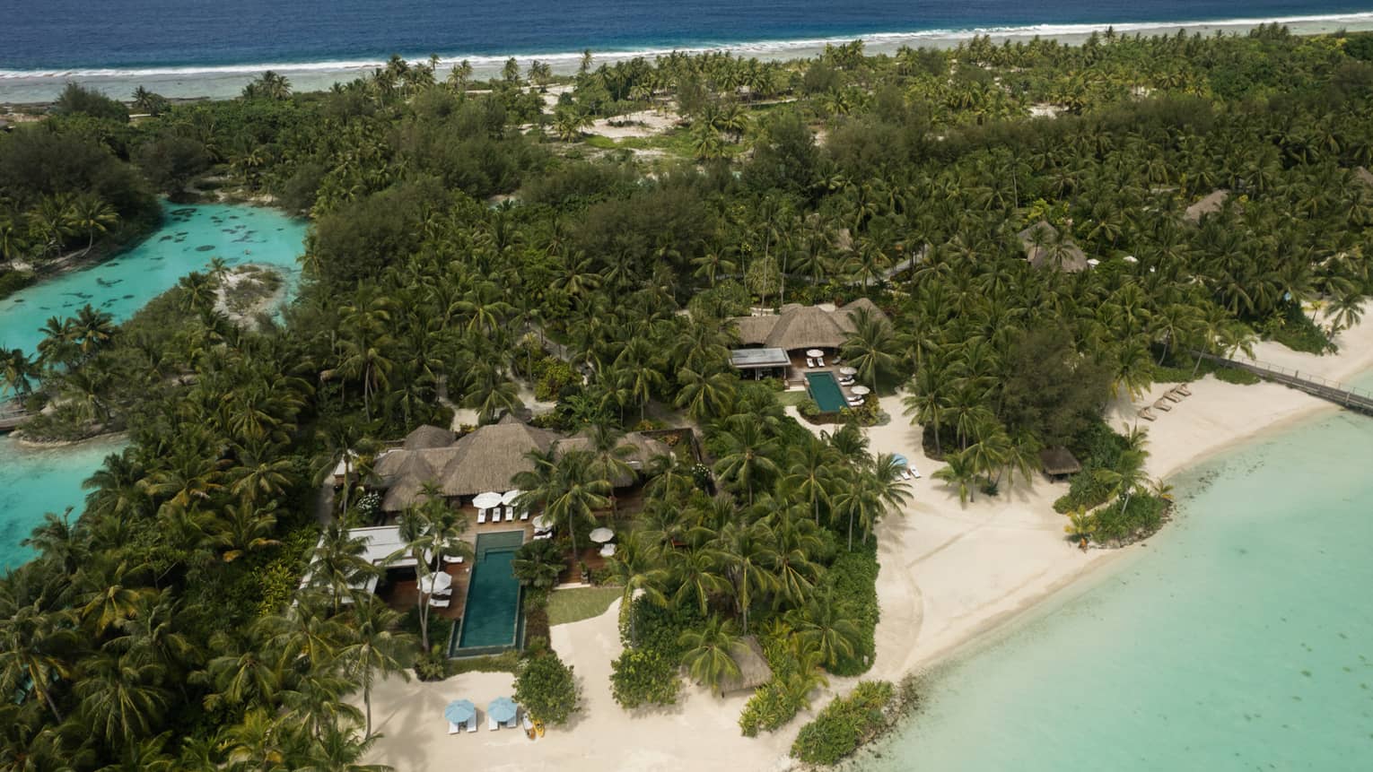 Aerial view of five-bedroom beach villa estate at Four Seasons Resort Bora Bora