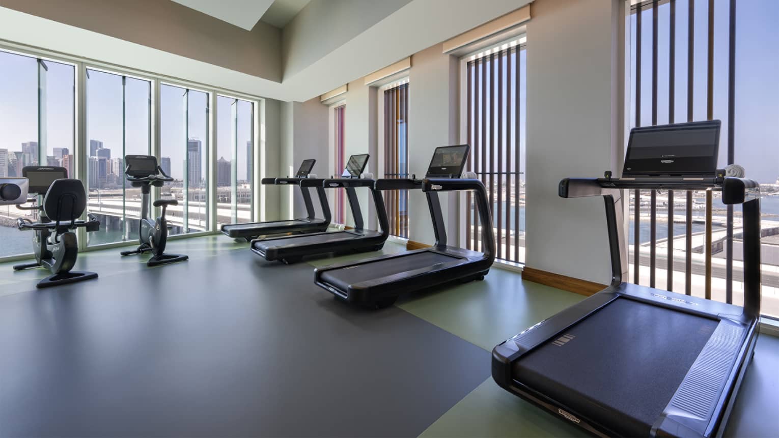 Fitness centre with a row of treadmills facing one wall of windows and two stationary bikes facing another wall of windows