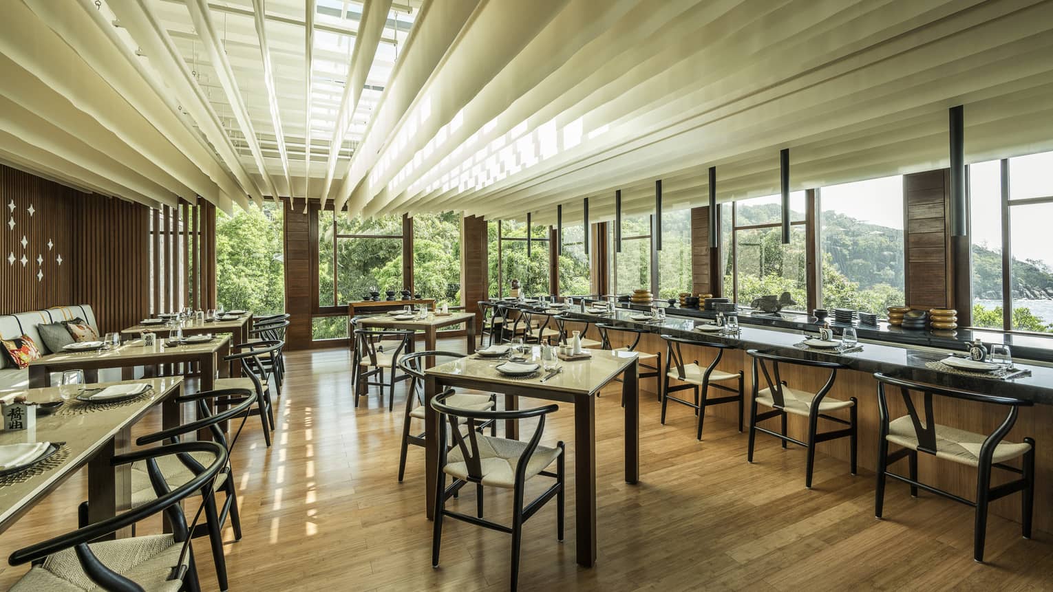 Bright, contemporary restaurant overlooking hillside