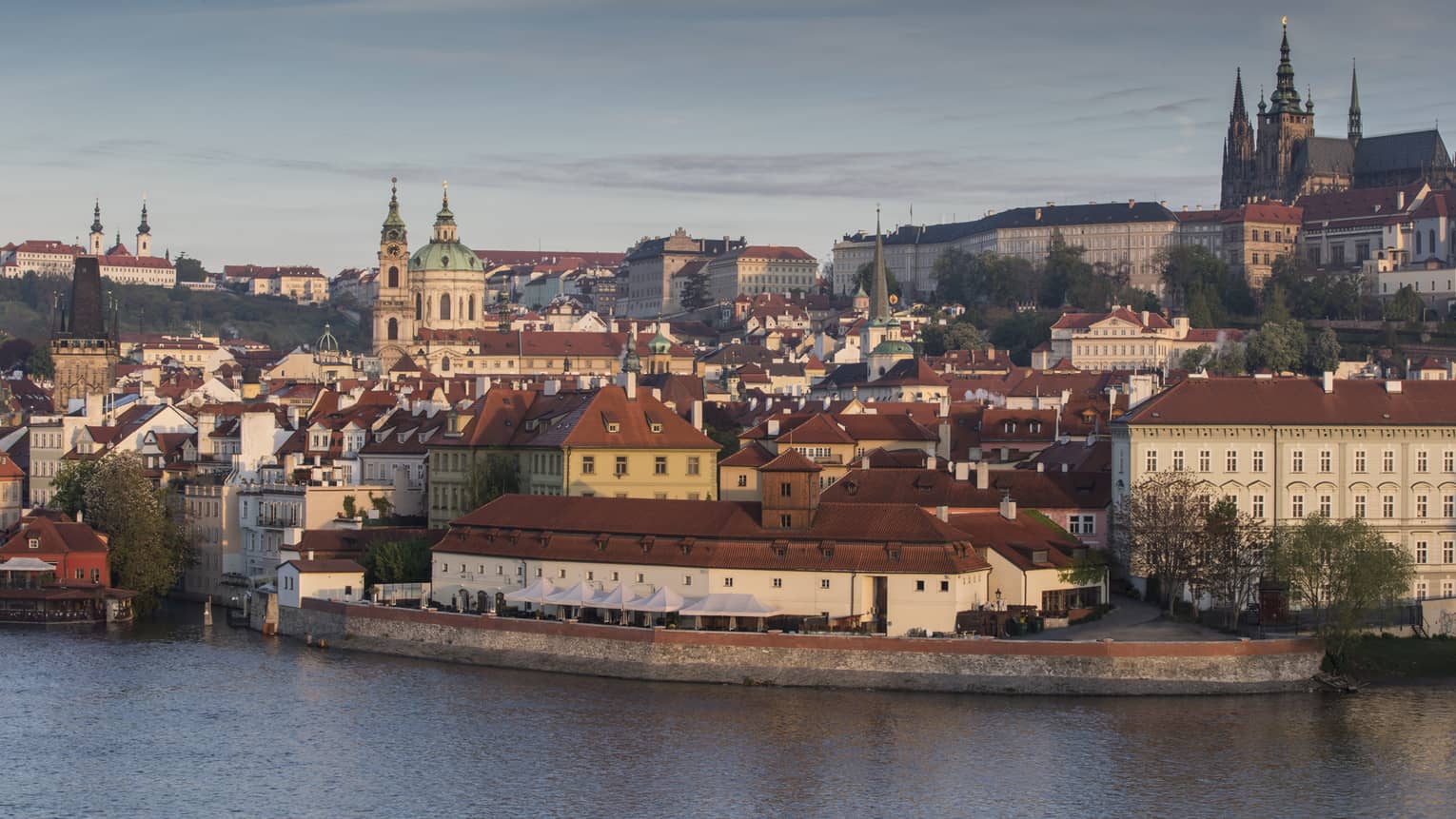 View across water to Prague city skyline