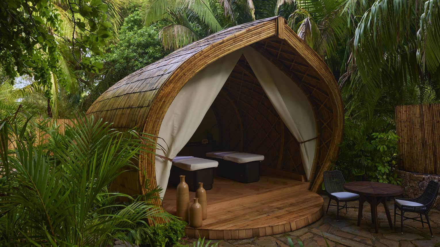 Spa pod nestled within the tropical forest
