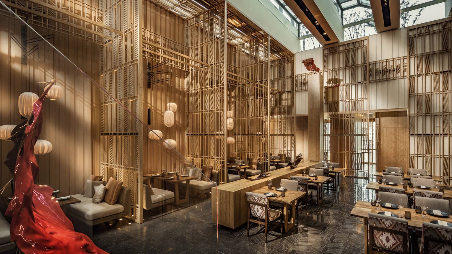 Kioku seating area with natural light from the skylights