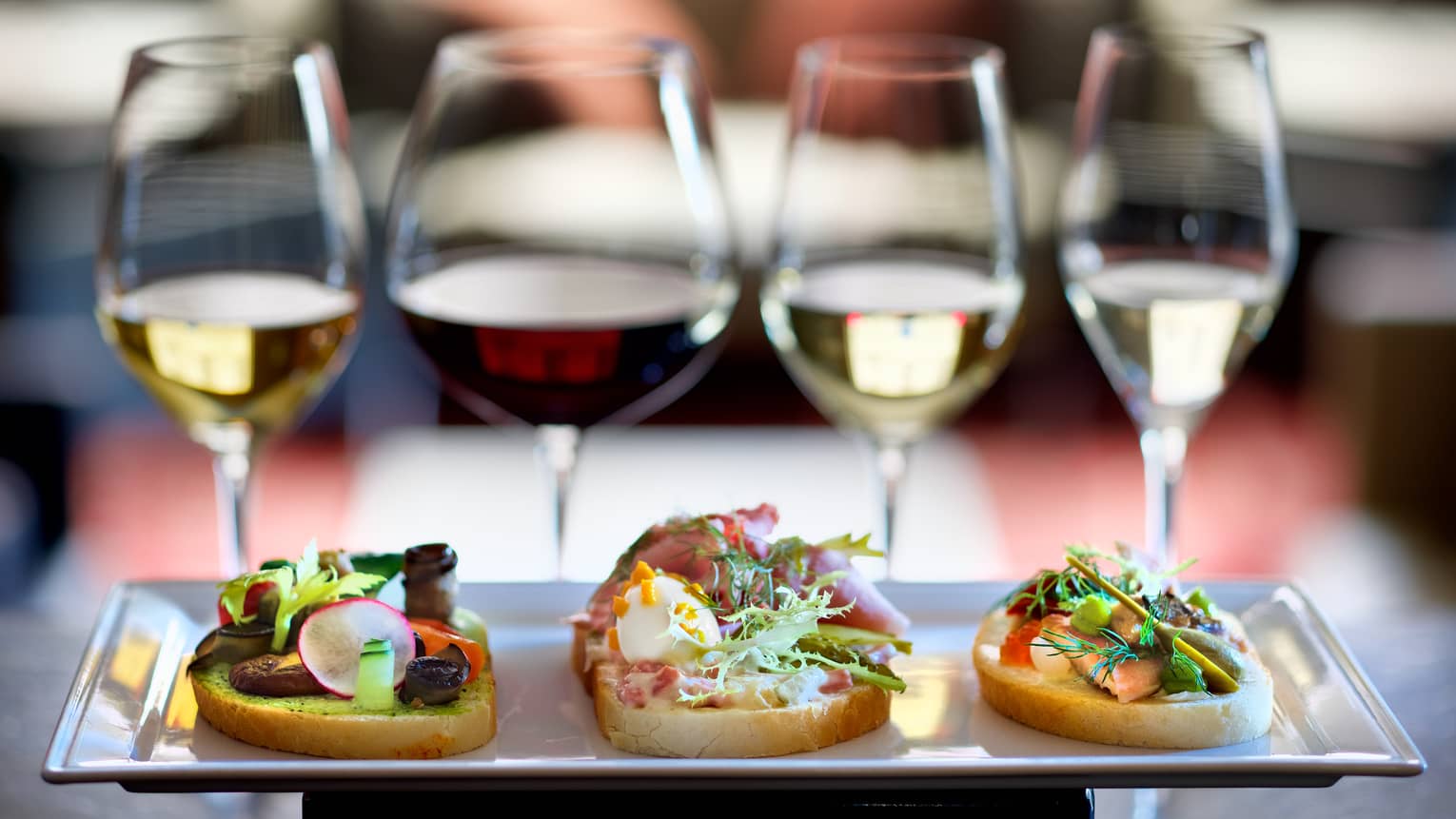 Tasting glasses of red, white wine behind tray with gourmet appetizers