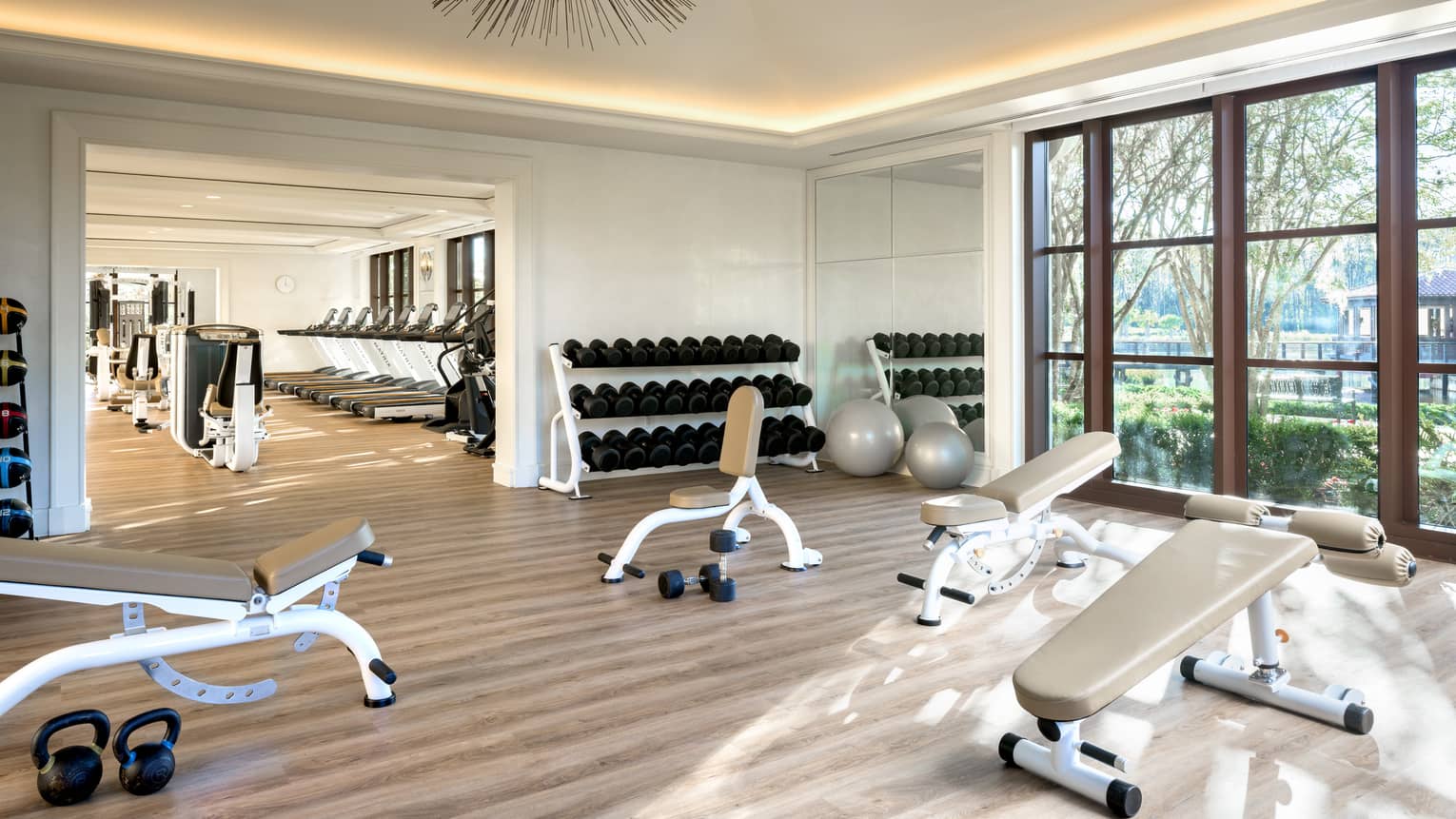 Bright Fitness Centre with leather benches, hand weights, large windows