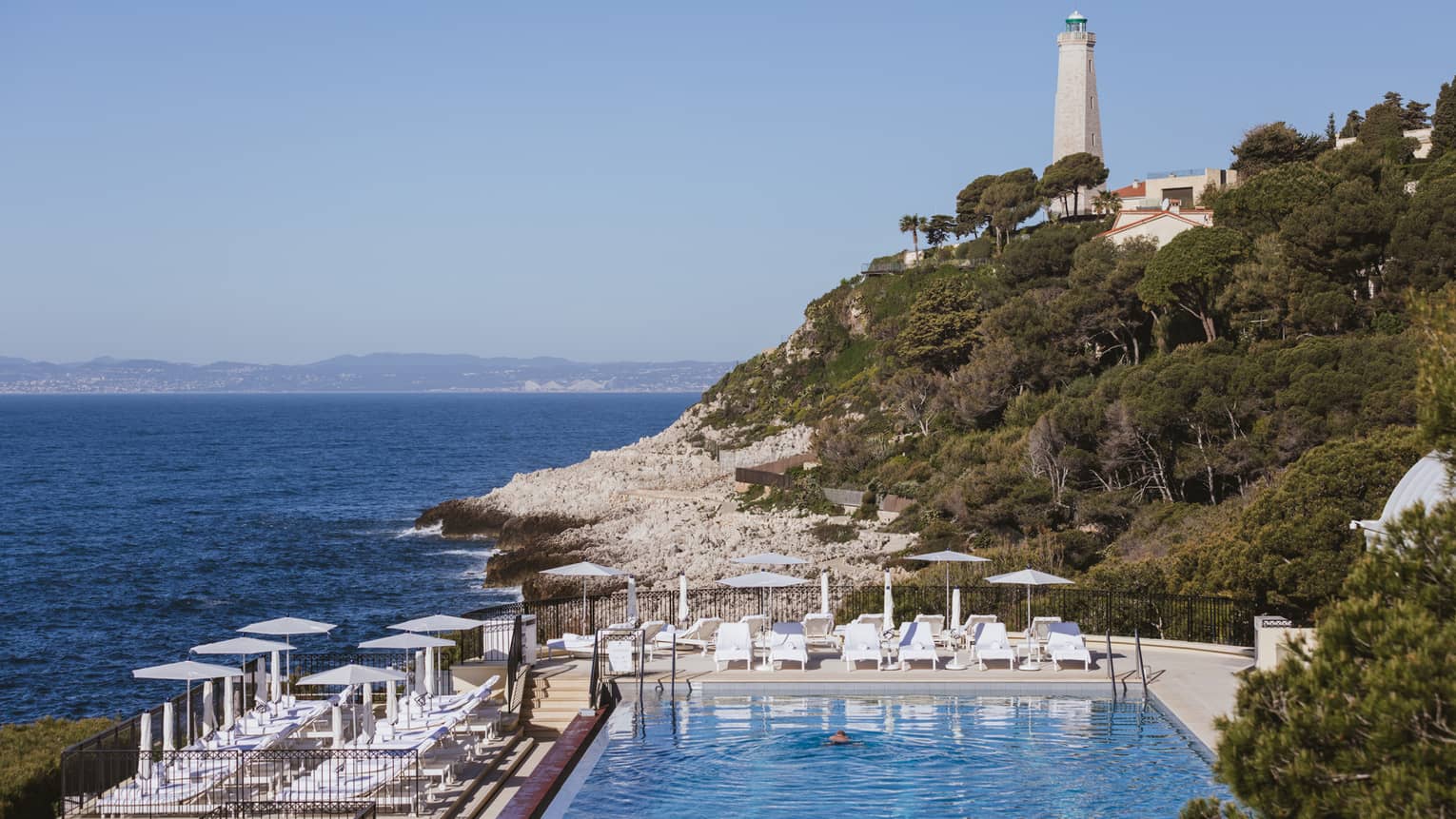 French Riviera coastal sea view from luxury hotel pool