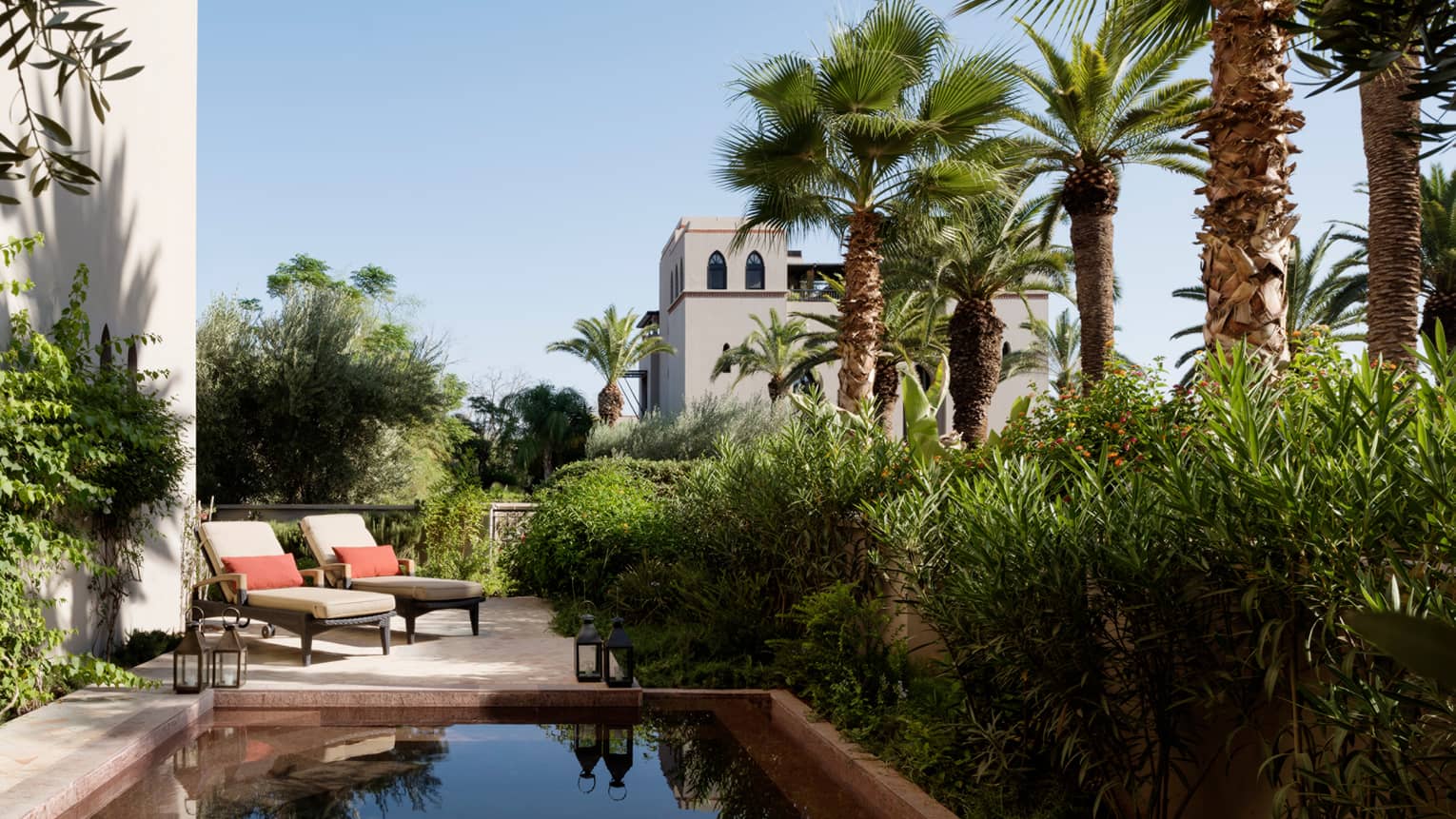 Two lounge chairs sit poolside in the sunshine next to lush greenery and palm trees