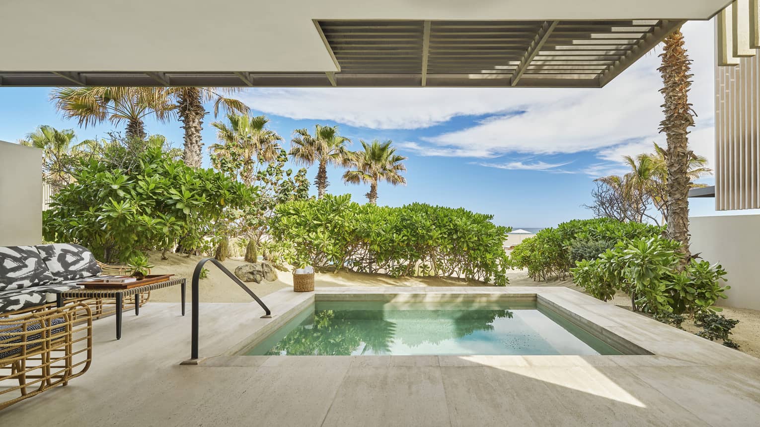 Private terrace of luxury resort room with plunge pool and ocean view, at Four Seasons Resort Los Cabos