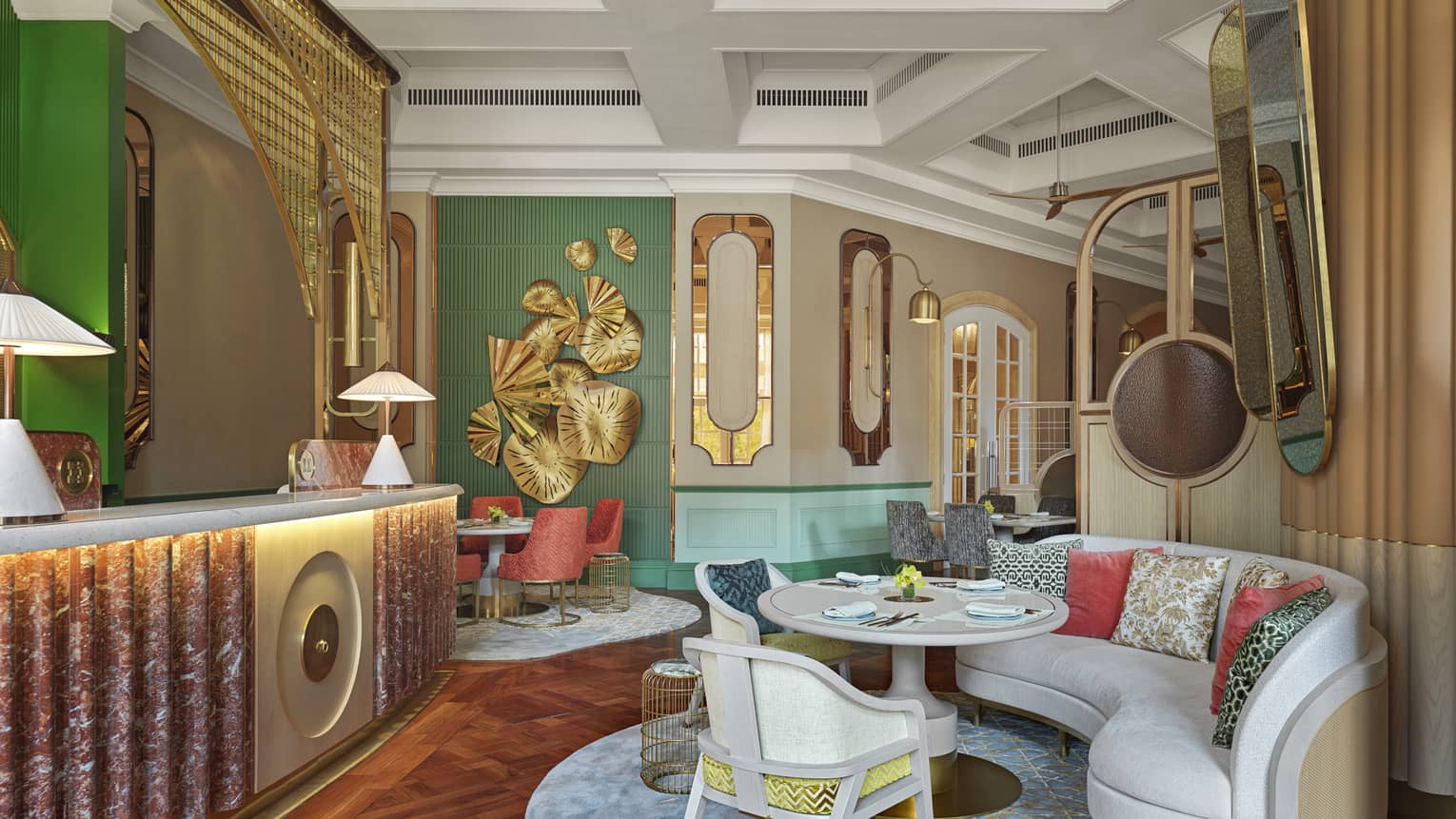 Xiao Ting lounge area with ergonomic sofa and chairs, parquet floors, gold wall accents