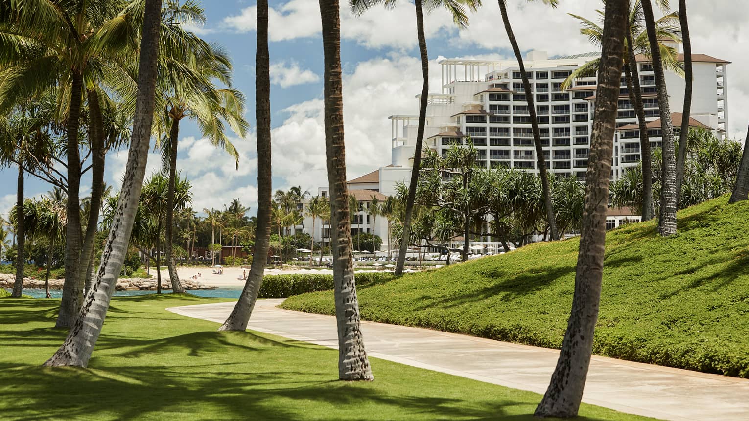 Palm trees along pathway on Four Seasons Oahu resort grounds, green lawns