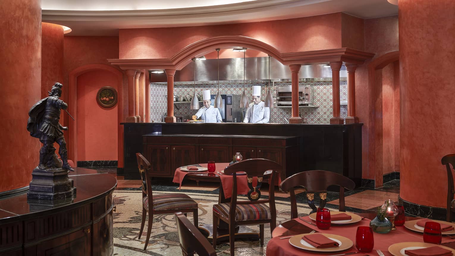 Stefano's Restaurant open kitchen with red accents