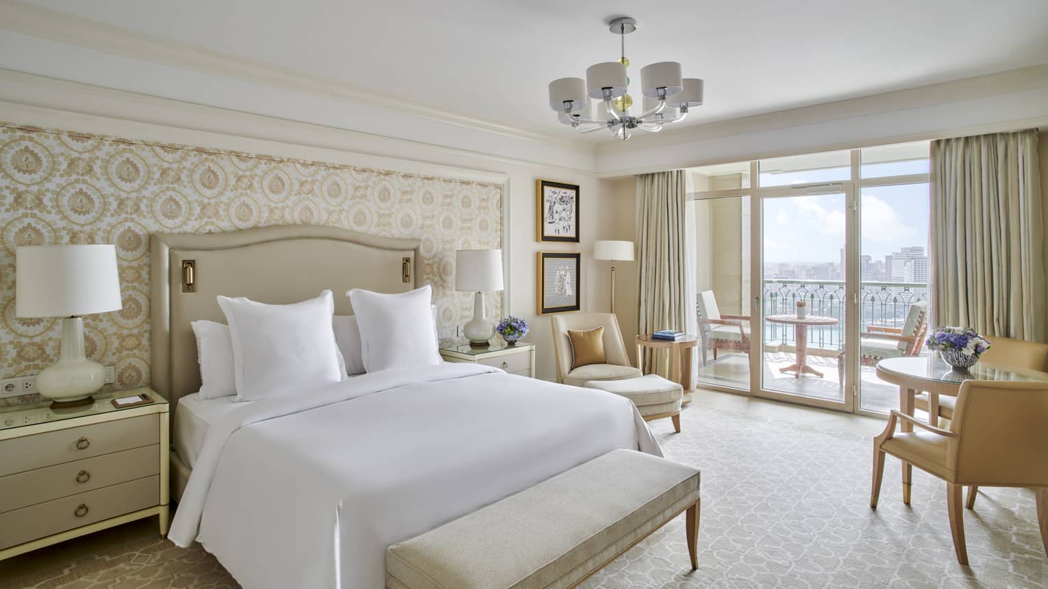 Elegant and airy hotel room with balcony and Nile River view