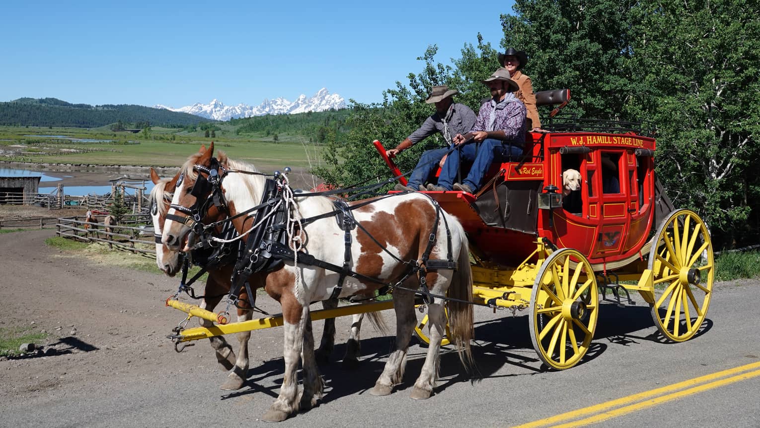 A red stagecoach with yellow wheels pulled by two chestnut-and-white draft horses