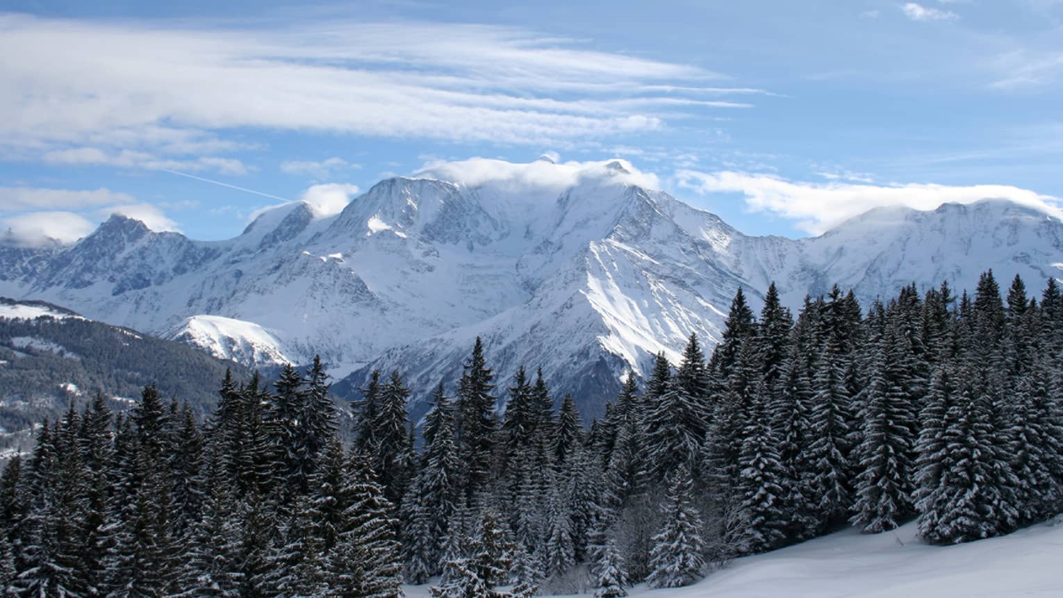 Snowy French Alps mountains over trees