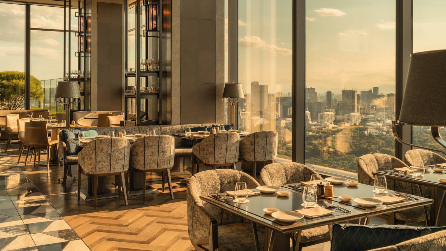 Restaurant with floor to ceiling views of city
