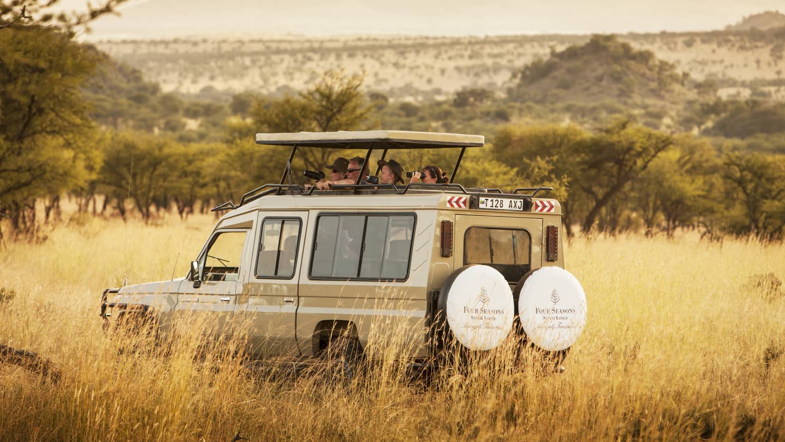 Guests peek out from white safari jeep roof in tall grass of Serengeti park
