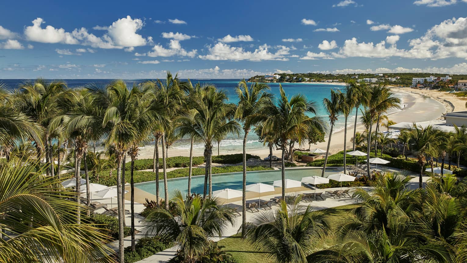 Aerial view of Bamboo Pool surrounded by tall palms, white patio chairs and umbrellas, steps from sand beach and ocean