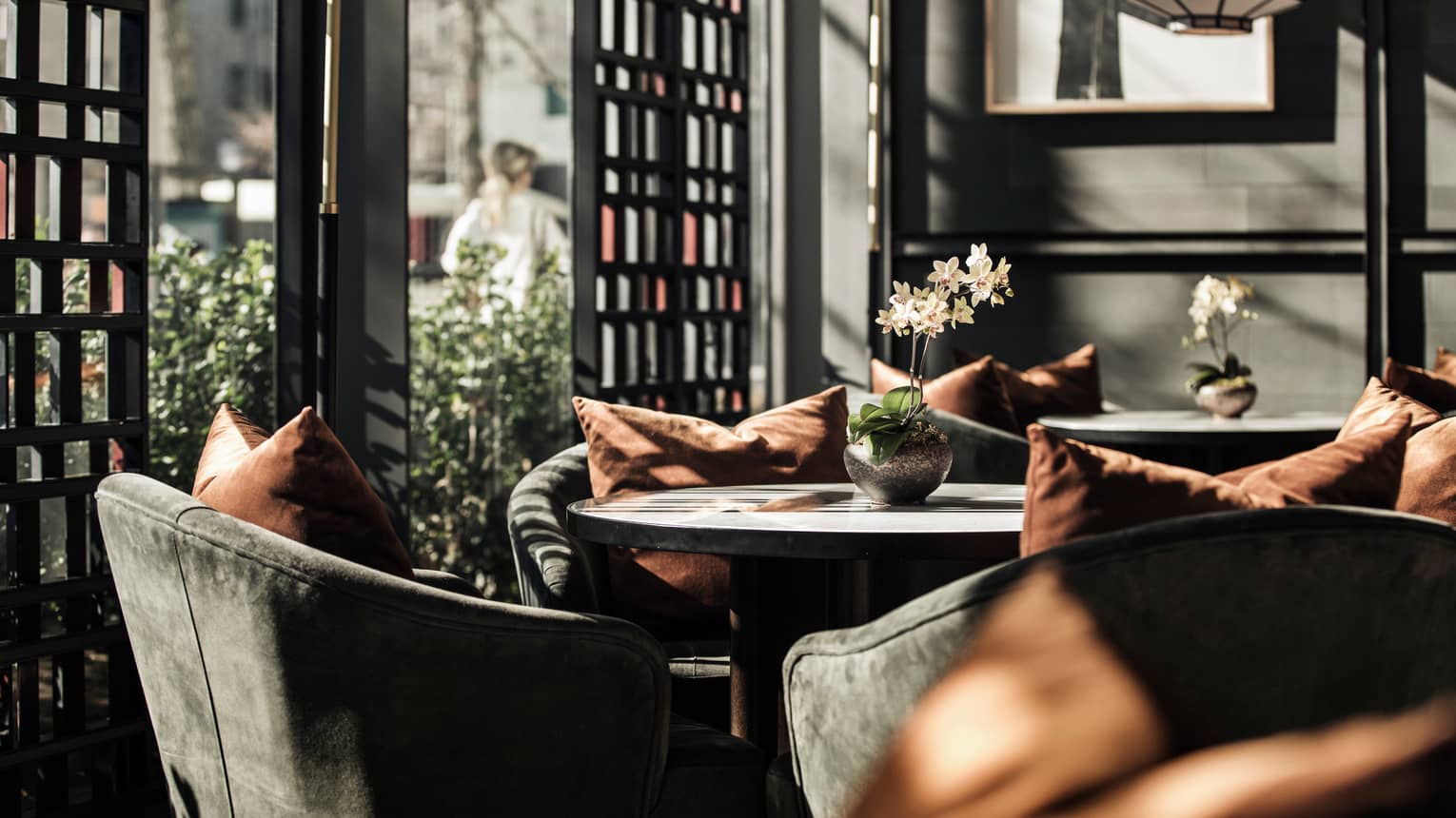 Plush velvet lounge chairs with brown pillows around cocktail tables in Maru Lounge