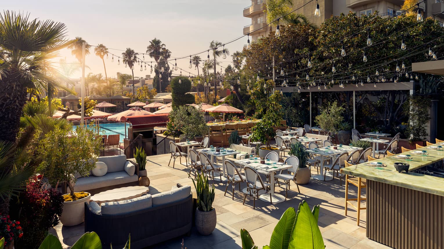 Rooftop patio surrounded by greenery is set up for a dining event with string lights and various tables