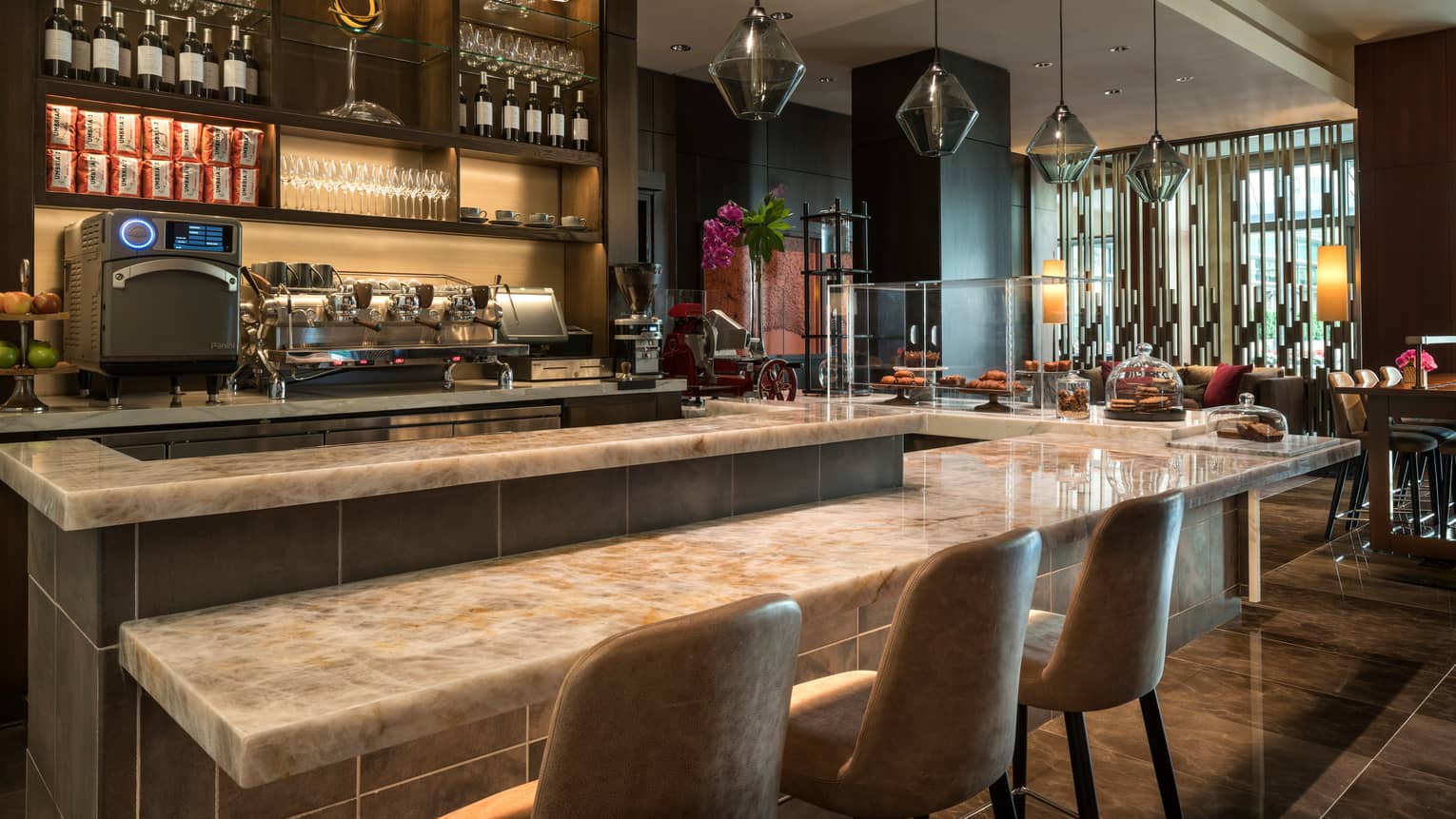 Quattro Restaurant modern marble bar top and stools