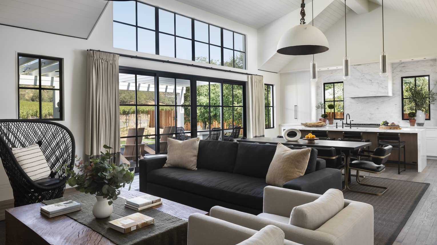 Open space with living room, dining table and kitchen island, black French doors and windows