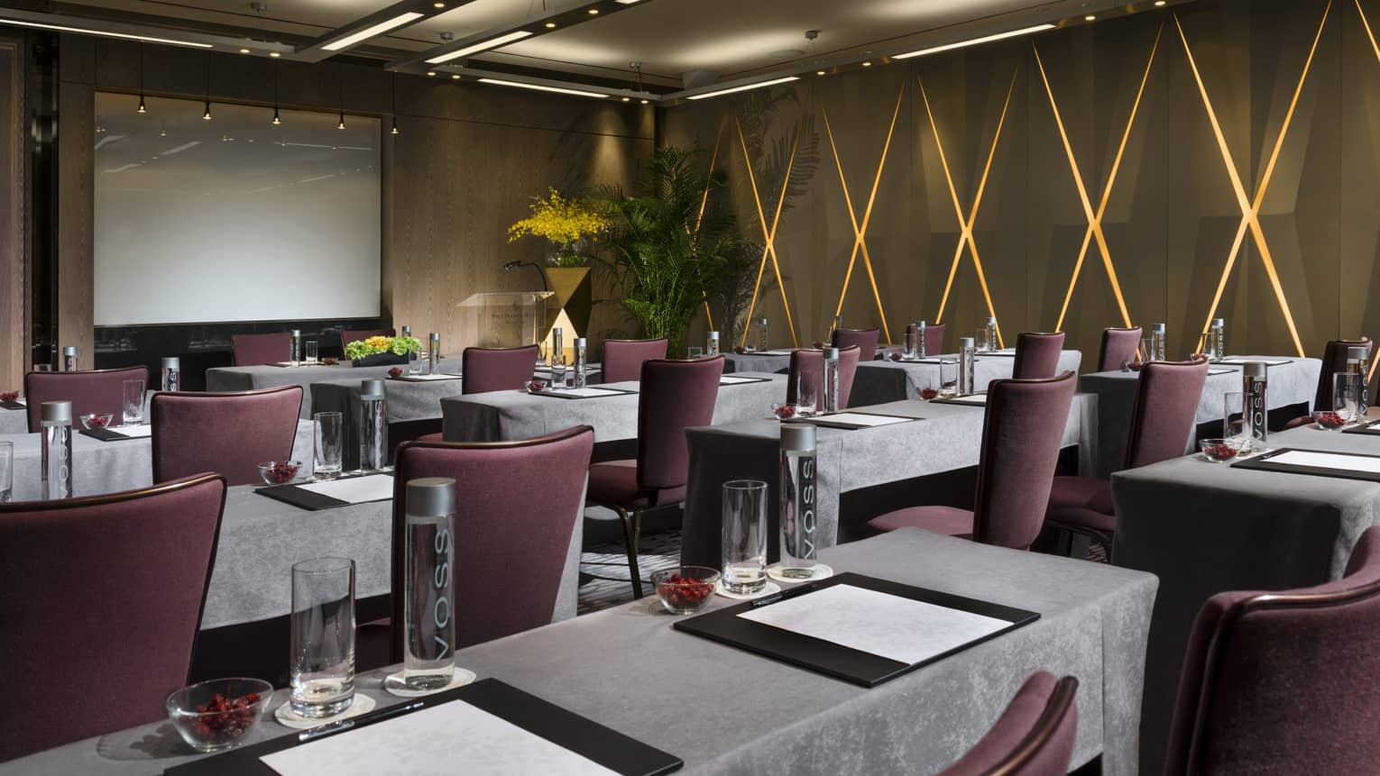 Topaz meeting room with rows of meeting tables and chairs facing large screen