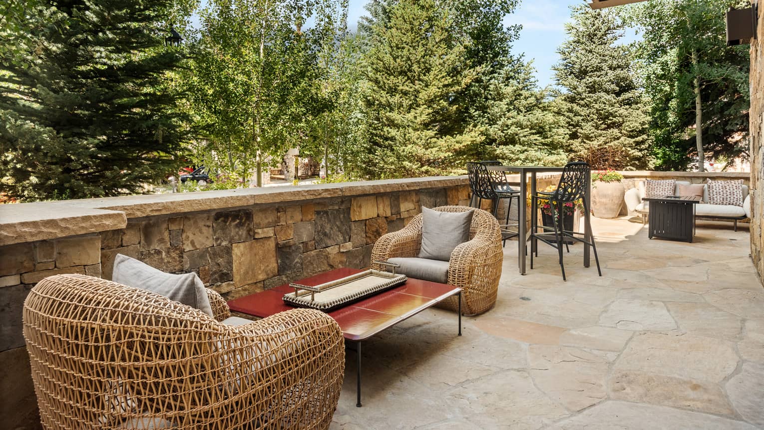 A patio surrounded by trees, with chairs and tables.