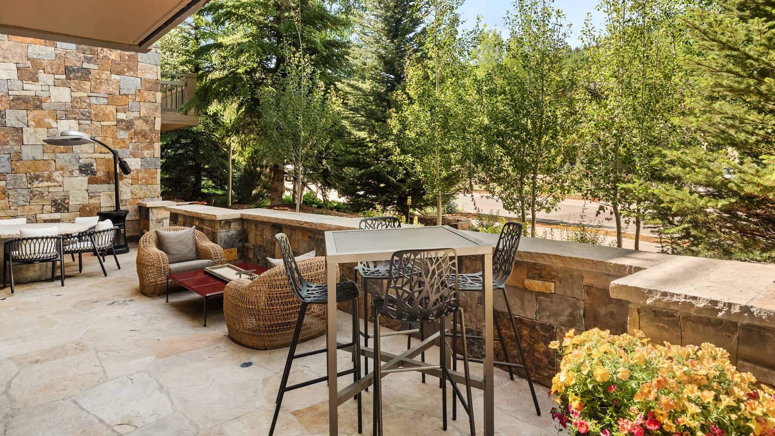 A patio with chairs, tables and a sofa, surrounded by trees.