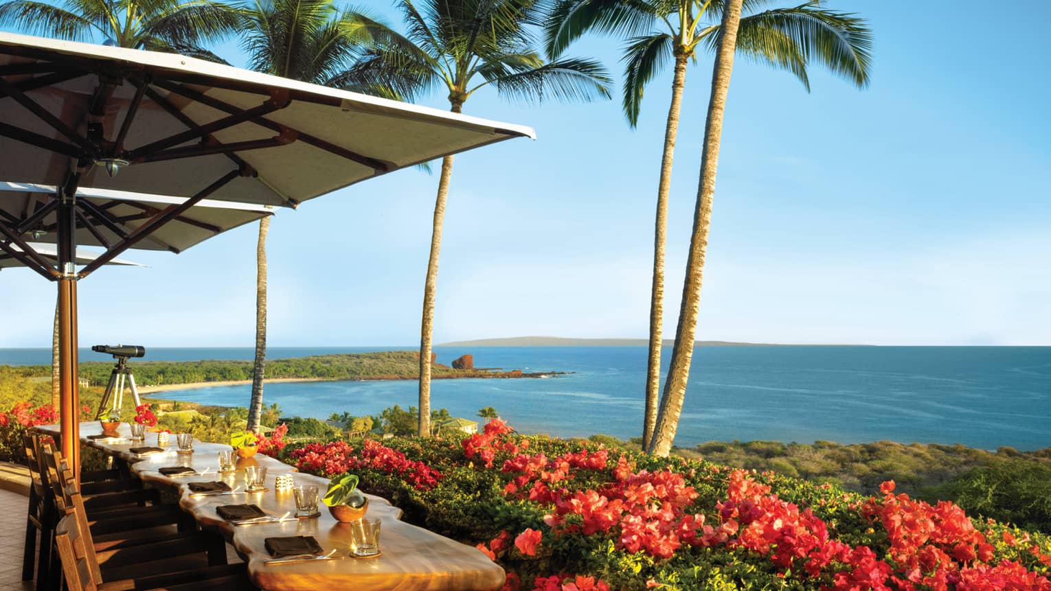 Sunny Views Restaurant patio, chairs line rustic wood bar in front of tropical garden, ocean views
