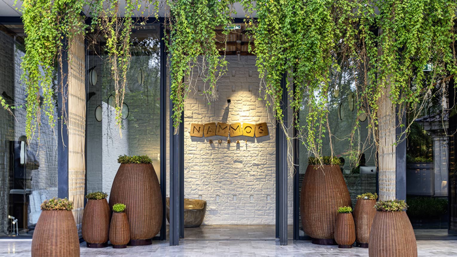 Entrance to a restaurant with green vines hanging down from above the walkway and various large potted plants lining the tile path