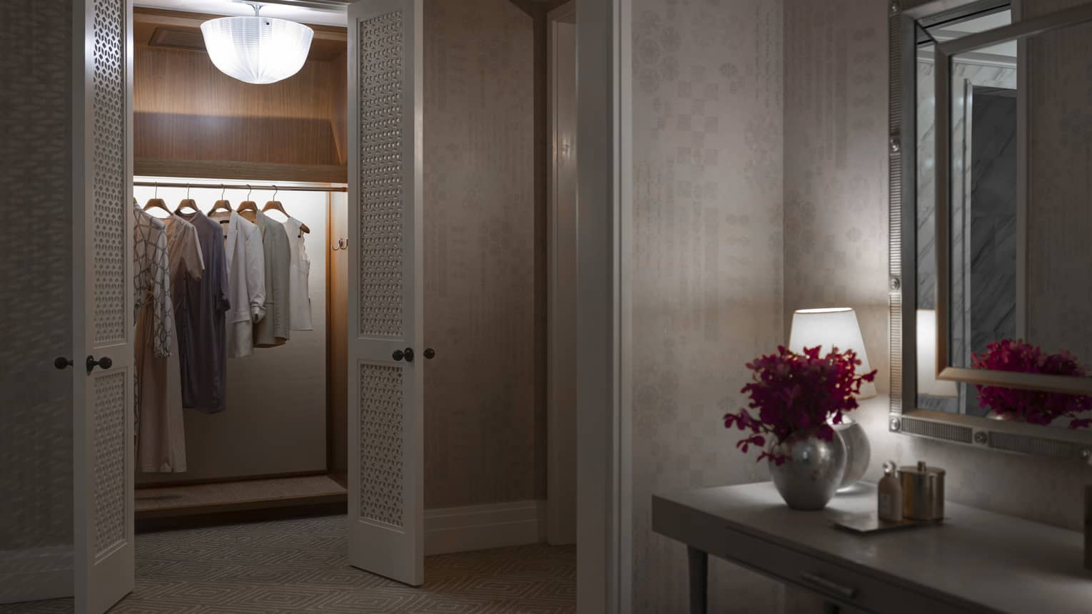 Opening to a closet with hanging clothes