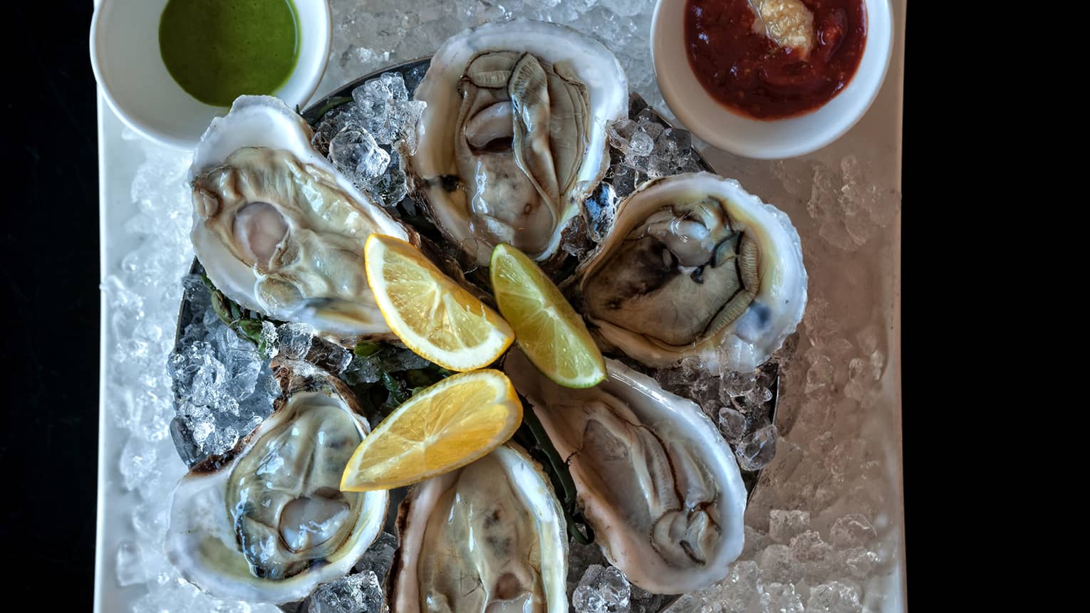 Close-up of platter of fresh oysters in half shells on ice with three lemon wedges in centre, sauce in small bowls