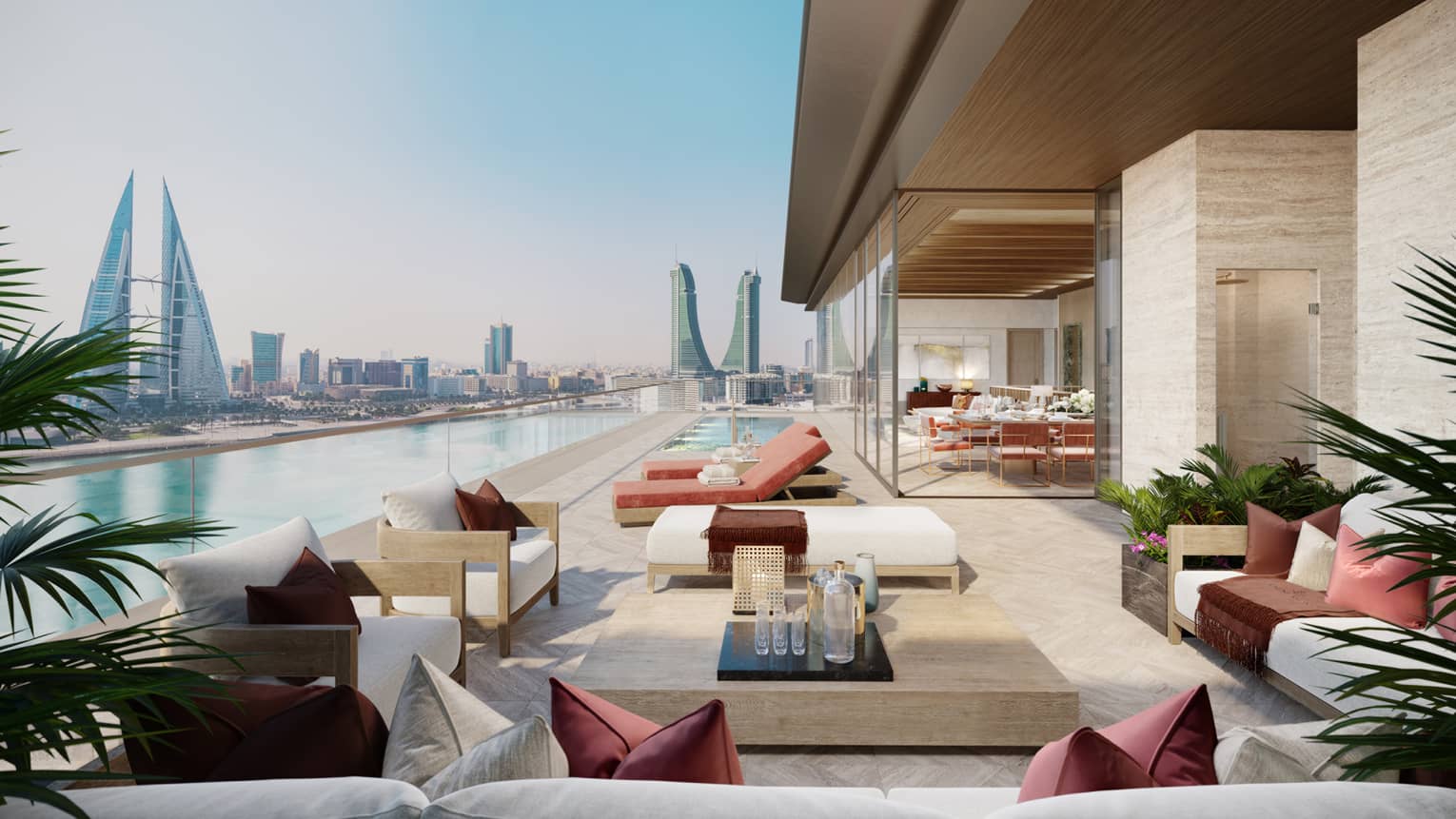 Rendering of residence pool with skyline in background