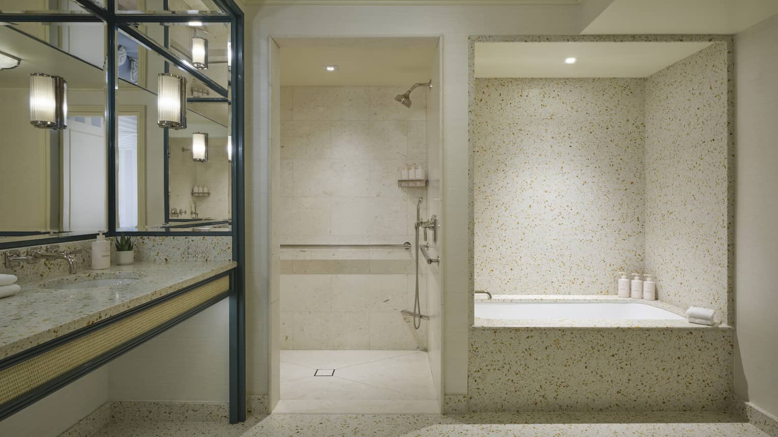 Luxury resort room bathroom with walk-in, mobility accessible shower at Four Seasons Resort Palm Beach