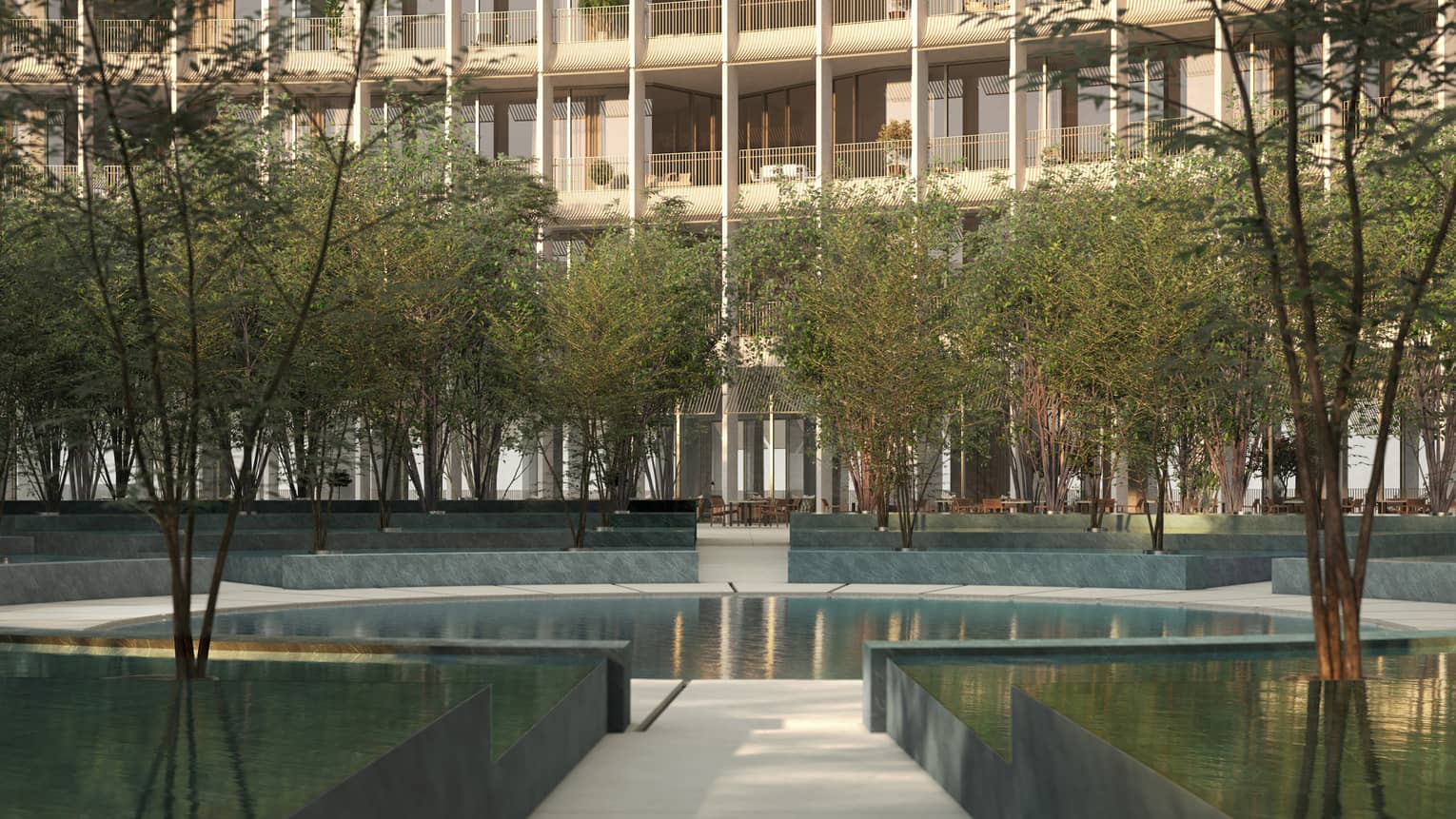 Rendering of pedestrian courthard with pond and residence building in the background