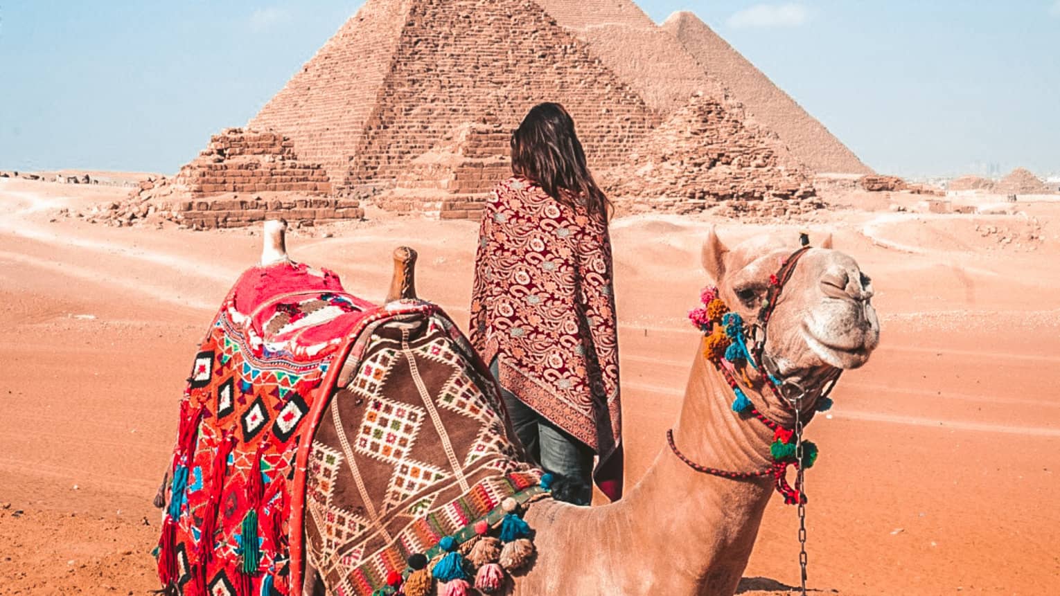 A woman behind a camel covered in colourful blankets looking at pyramids in the distance.