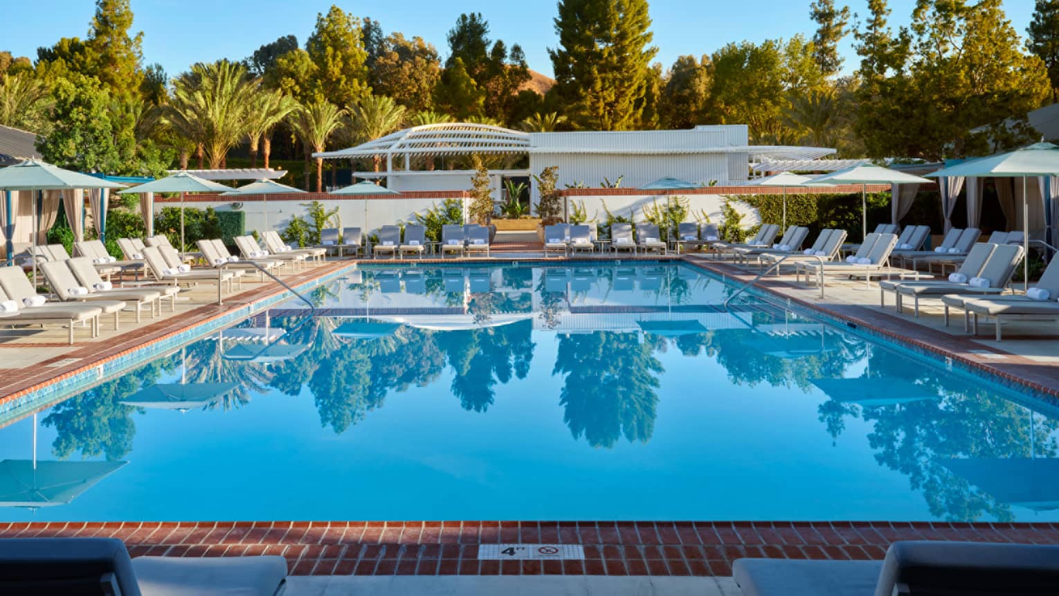 An outdoor pool surrounded by lounge chairs, umbrellas and trees.