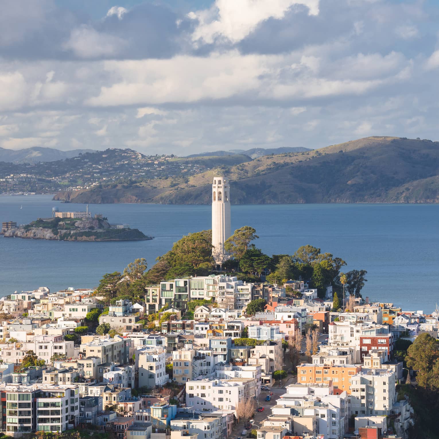 A slender white tower rises amid treetops overlooking San Francisco’s colourful buildings, with Alcatraz Island beyond.