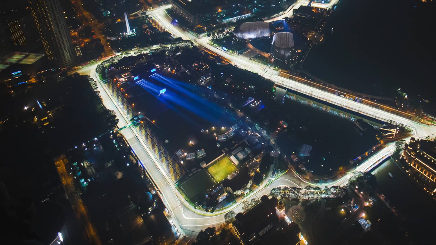,An aerial of a race track through downtown Singapore at night