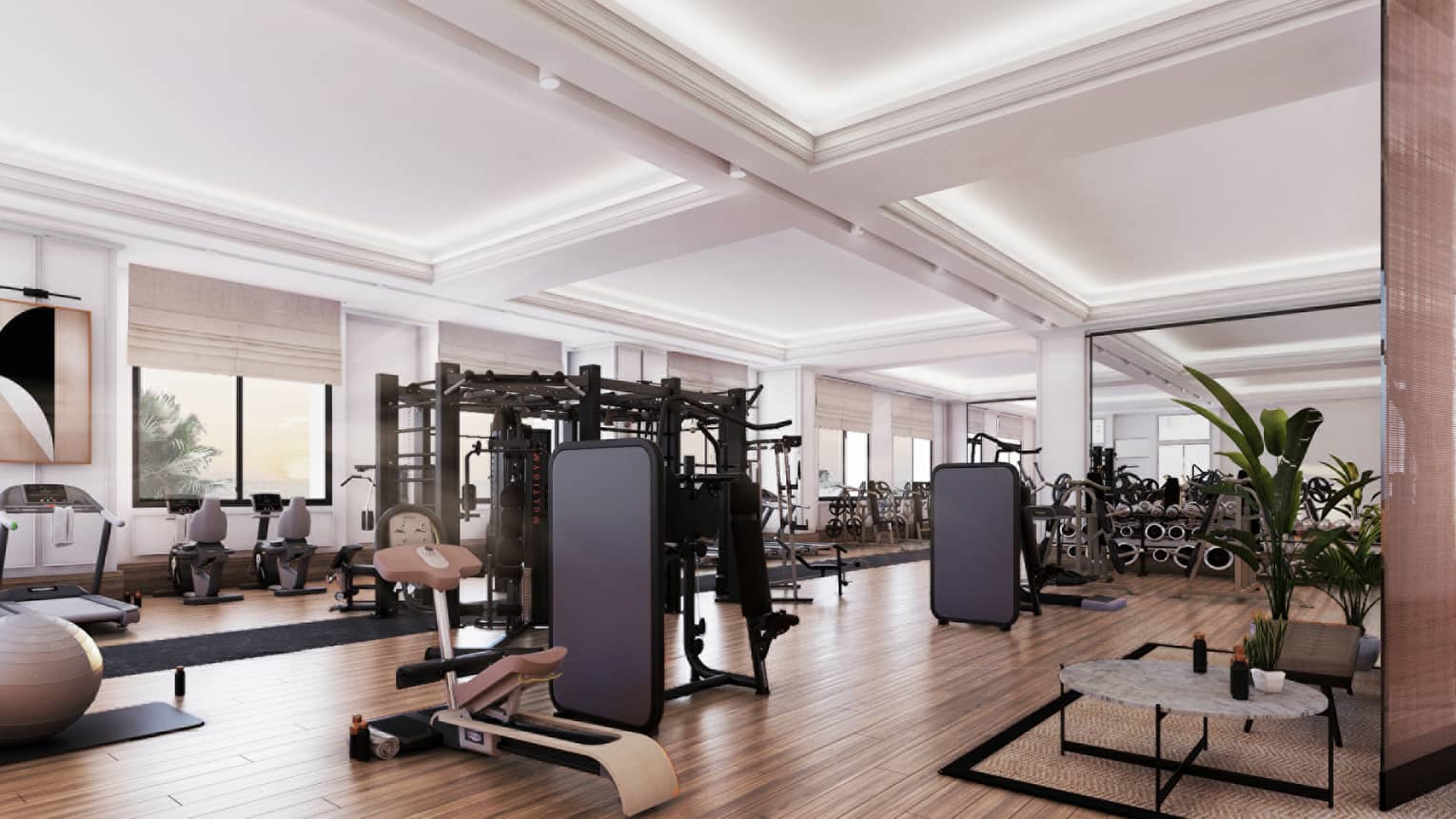Indoor gym with weight machines and bikes