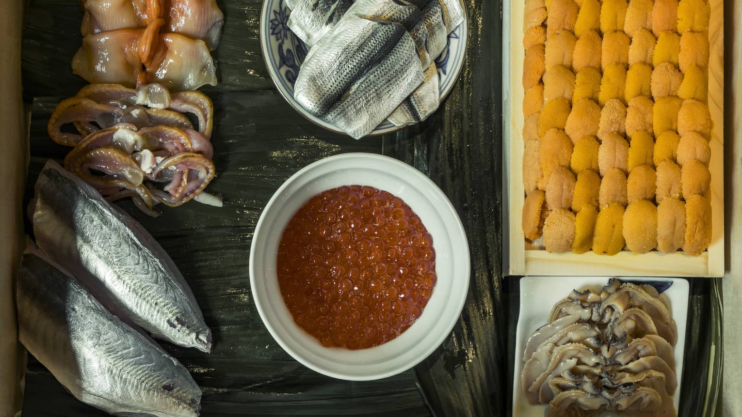 A tray of seafood, ready to be transformed into sushi by Master Chef Rei Masuda