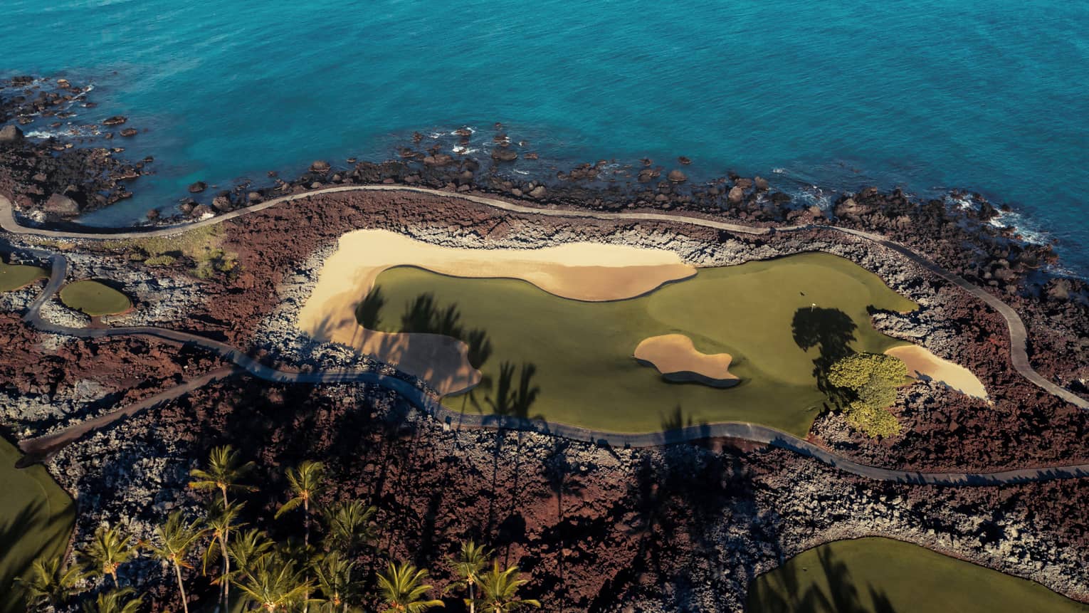 An aerial view of a gold course on the edge of an ocean.