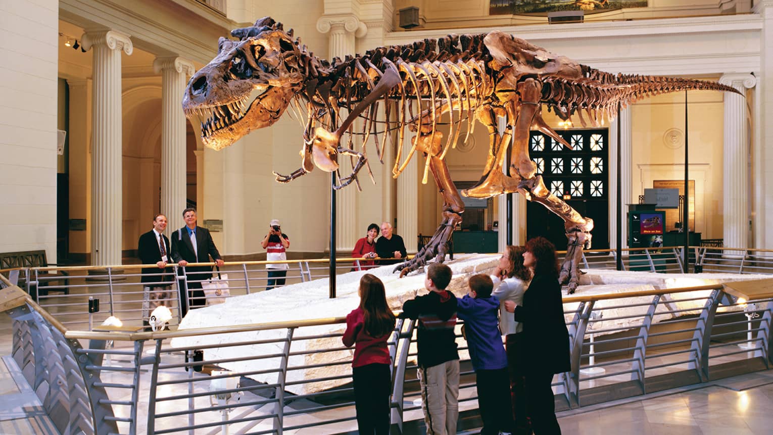 Family looks up at dinosaur bones in museum