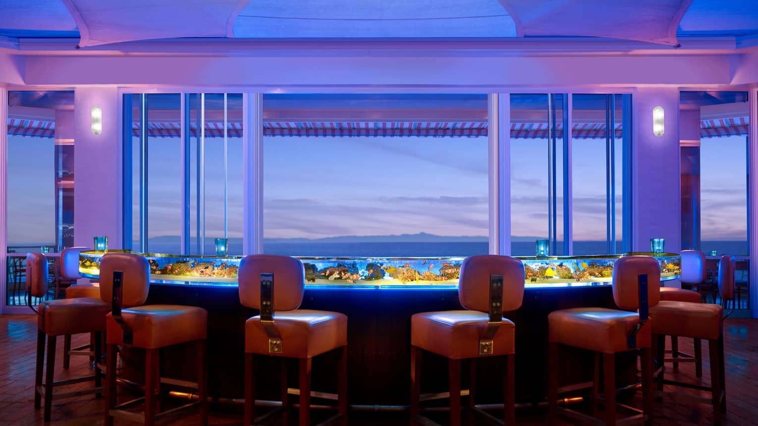 Orange stool around glowing Coral Reef glass bar filled with water, tropical fish
