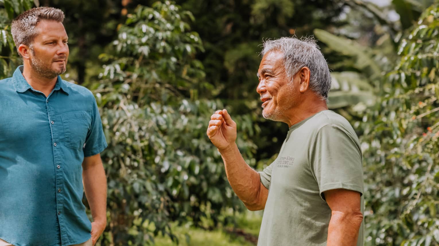 Coffee grower explains to tourist in detail the coffee-growing process