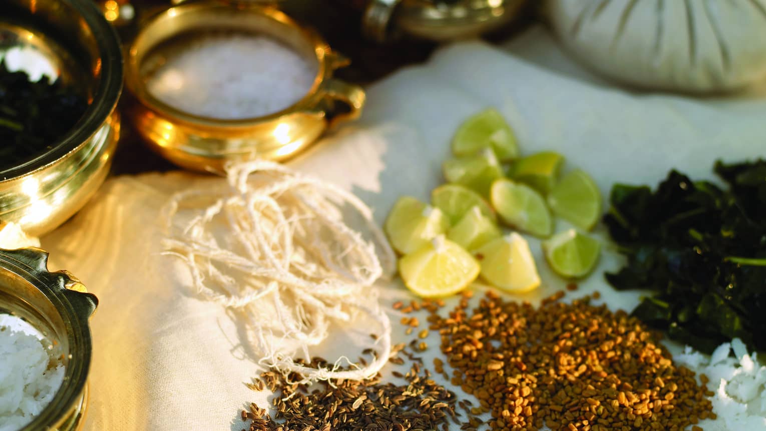 Small piles of herbs and spices, spa treatment supplies