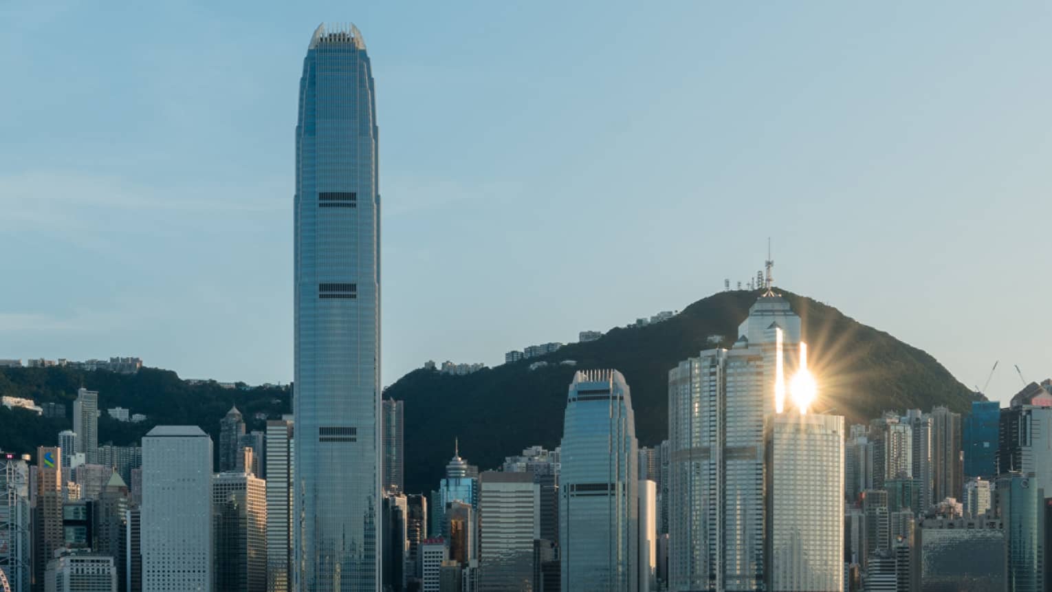 Boats on harbour and Hong Kong city in the background