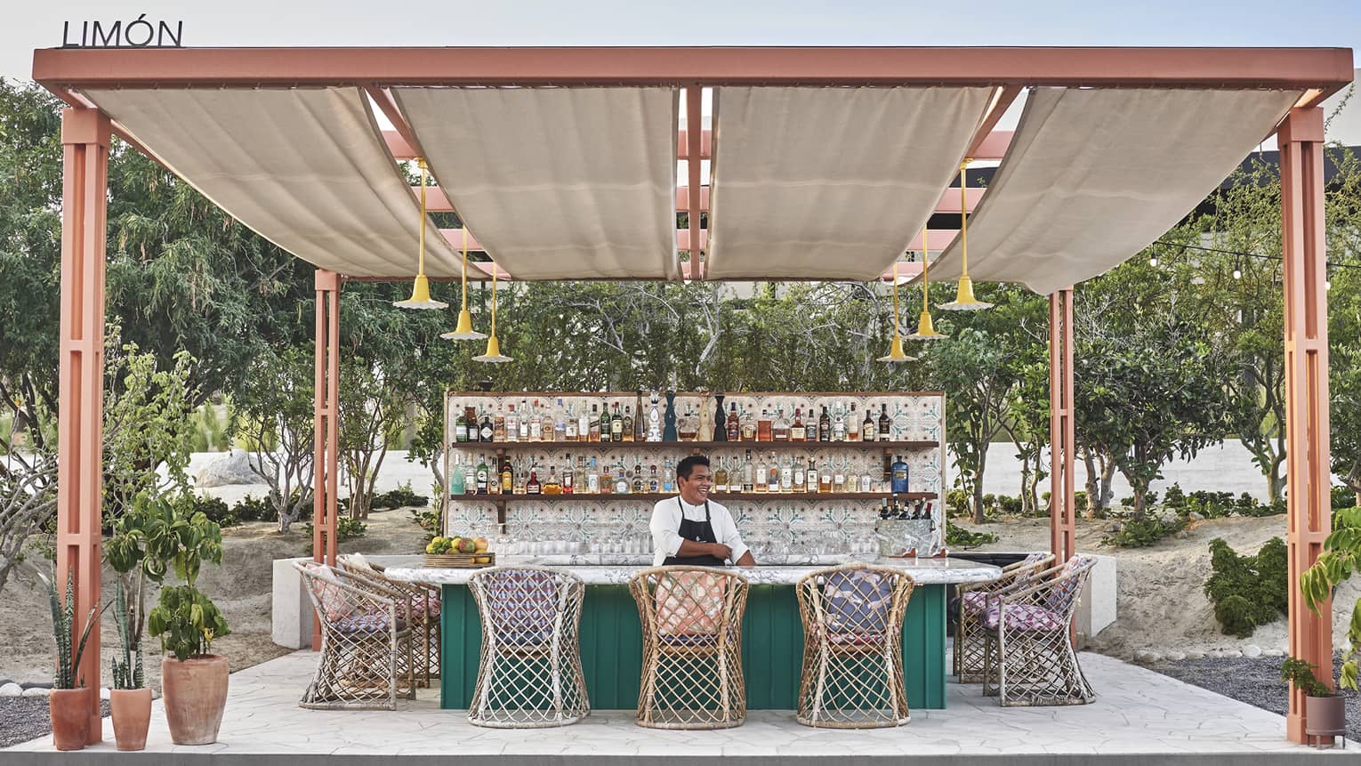 A bartender behind an outdoor bar surrounded by wood chairs and open to trees and nature.