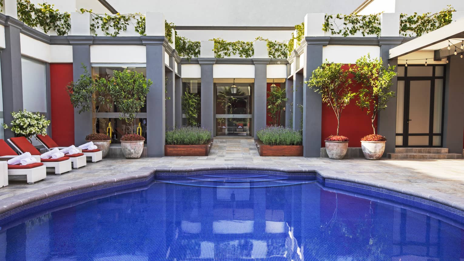 A brightly lit outdoor pool with deep blue water with red lounge chairs, plants, and open space around it.